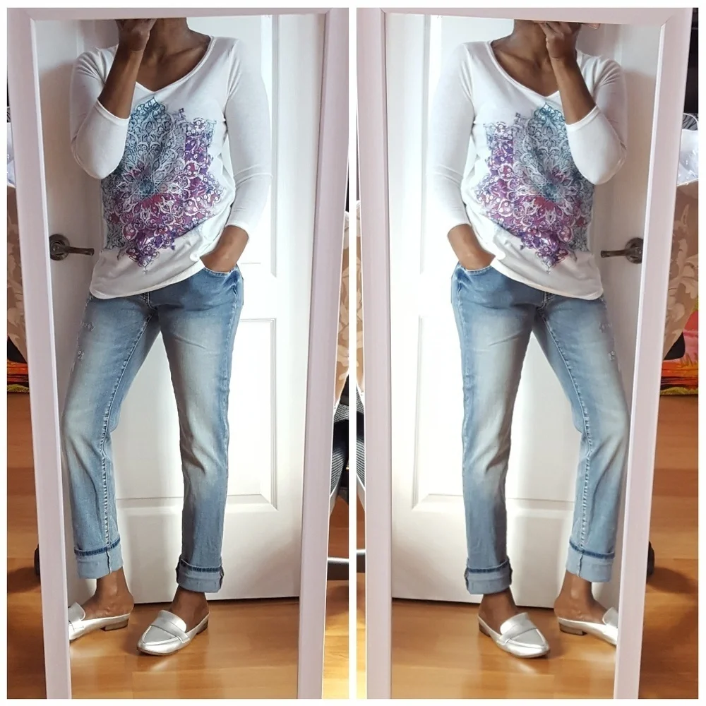 Lucky Brand Tee-Shirt 3/4 Sleeve White Purple Blue Size Medium - Picture 3 of 3